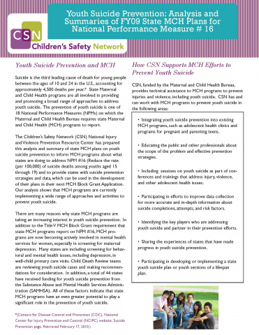 Youth Suicide Prevention: Analysis and Summaries of FY09 State MCH Plans for National Performance Measure #16