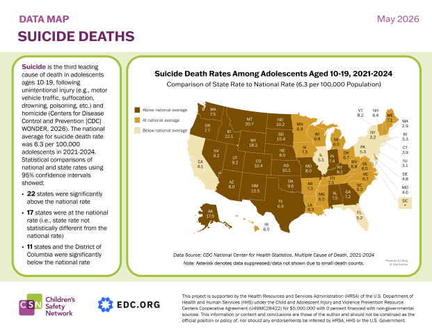map of united states shaded to show adolescent suicide rates by state